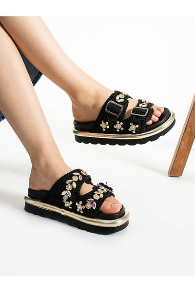 Alemdar Shoes Γυναικείες παντόφλες μαύρες πλεκτές με πέτρινη λεπτομέρεια