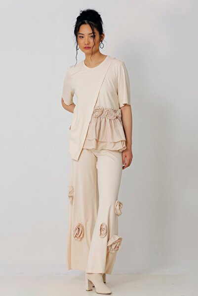 Genel Markalar Gül Motifli Pantolon - Bej