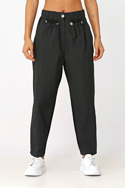 BİZE Önü Yağmurluk Kumaşlı Pantolon - Siyah