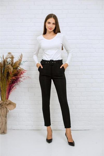 Bluence Women's Black Skinny Trousers with Belted Waistband