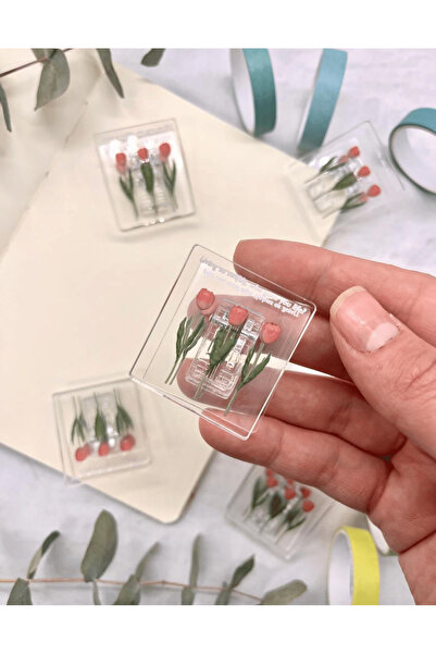 Kağıt Gemi Dükkan Şeffaf Pembe Lale Desenli Çok Fonksiyonlu Fotoğraf Klipsi/Fotoğraf Mandalı /Ataş / Kitap Ayracı