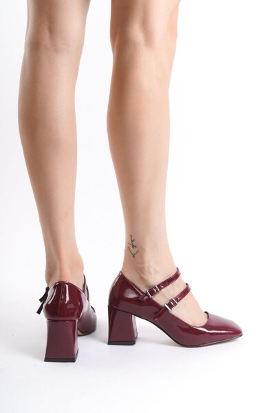 Lölük Moda Mary Jane Claret Red Patent Leather - Closed Arc, Double Banded, Square Toe Short Heeled Women's Shoes