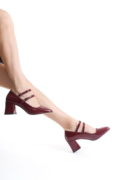 Lölük Moda Mary Jane Claret Red Patent Leather - Closed Arc, Double Banded, Square Toe Short Heeled Women's Shoes