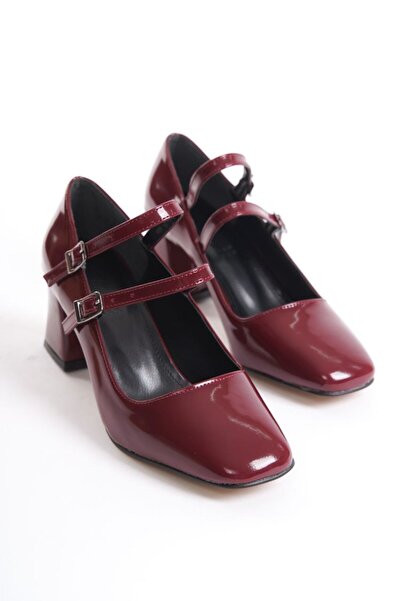 Lölük Moda Mary Jane Claret Red Patent Leather - Closed Arc, Double Banded, Square Toe Short Heeled Women's Shoes