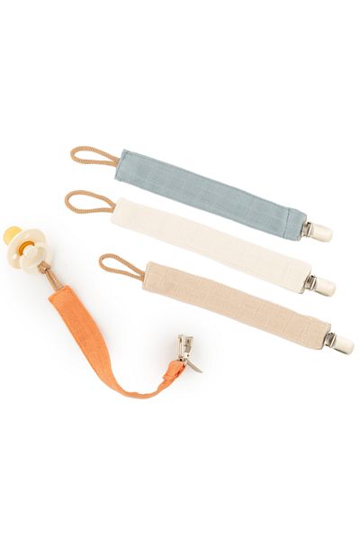 Novibaby Ecru Cinnamon Petrol Latte 4-piece Muslin Pacifier Strap and Pacifier Chain Set
