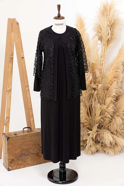 HESNA Set rochie de seară și jachetă din jacquard de mărime mare