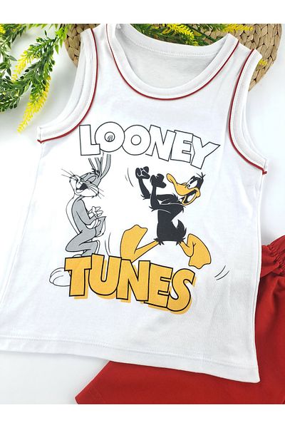 Butik Boy's Double Suit - Simpsons Looney Tunes Printed Green Red Blue Shorts and T-Shirt