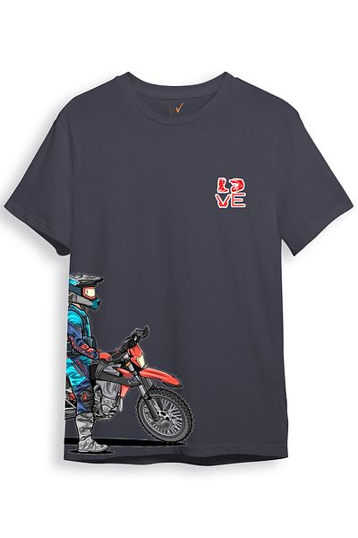 WİDİ Cross Motor Enduro Equipment Μπλουζάκι με λεπτομέρεια στήθους και πλαϊνή εκτύπωση Regular Fit 100% βαμβακερό γκρι μπλουζάκι
