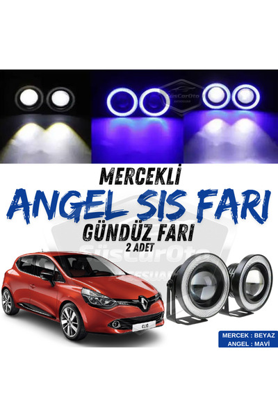 ŞüsCarOto Aksesuar Renault Clio 4 2012-2020 Uyumlu Mercekli Angel Sis Farı Metal 76 mm Mavi Halkalı Gündüz Farı 2 Adet