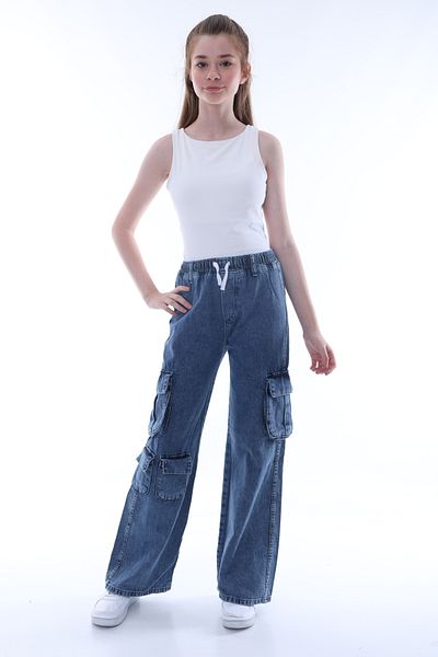 Asortix Girl - Oversize Cotton Jeans with Cargo Pocket and Elastic Waist