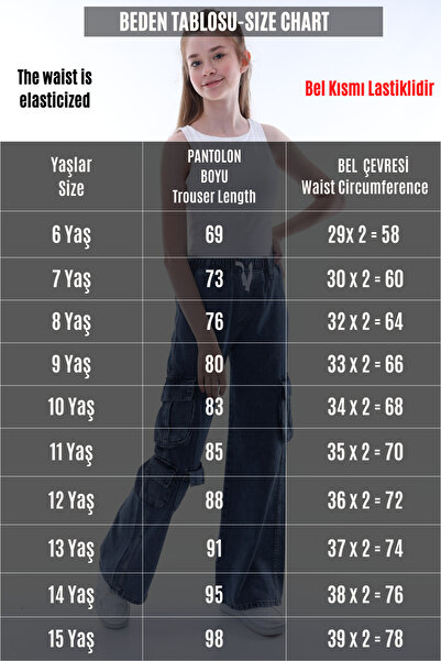 Asortix Kız Çocuk Oversize Kargo Cepli Beli Lastikli Pamuk Kot Pantolon