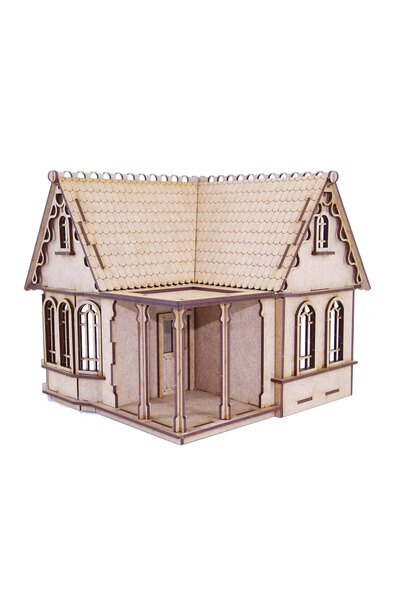 Mavi Doku İki Katlı Villa Ev 3D Ahşap Puzzle Maketi