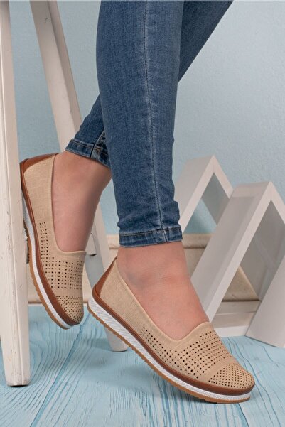 ERN SHOES Ayzen Vizon Kadın Tam Ortopedik Babet Ayakkabı Geniş Kalıp