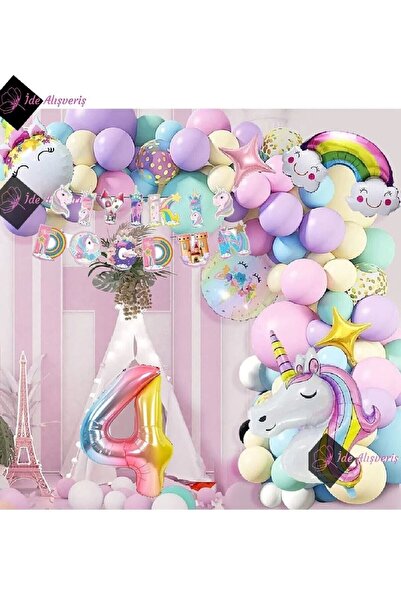 Store Modalist 4 Yaş Karakterli Unicorn Temalı Iyi Ki Doğdun Makaron Balon Doğum Günü Parti Kutlama