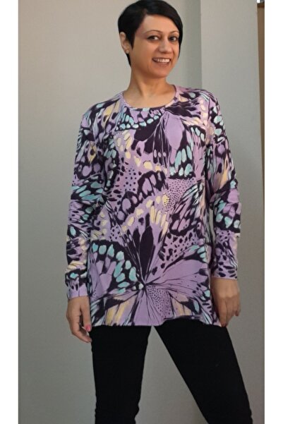 Mertcan Butik Μπλουζάκι με στρογγυλή λαιμόκοψη με λιλά στάμπα με μακριά μανίκια από χτενισμένο βισκόζη