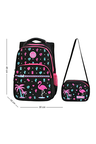Generic Brand Μαύρη τσάντα δημοτικού Flamingo + Lunch Box για κορίτσια
