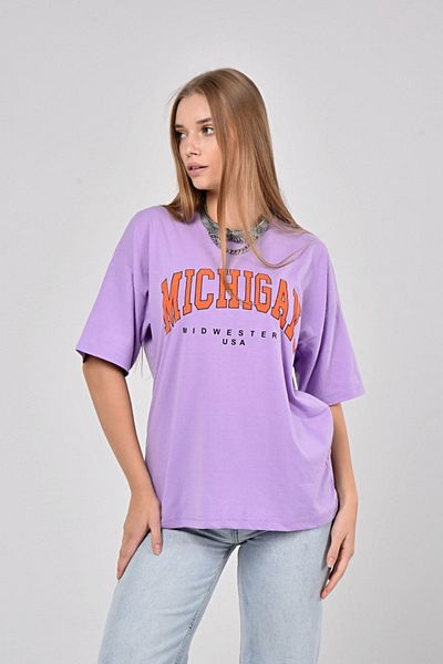 Mad&Calf Γυναικείο μπλουζάκι με στάμπα λιλά Michigan Oversize