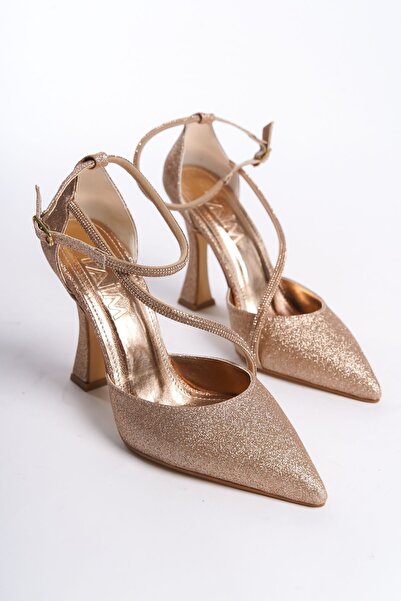 modanisshoes Kadın Topuklu Taş Bantlı Zarif Stiletto Ayakkabı - Abiye Simli Deri