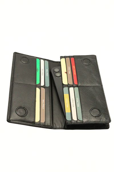 willpolo Black Genuine Leather - Magnetic Portfolio Wallet, Phone Compartment, Long Wallet Wp795