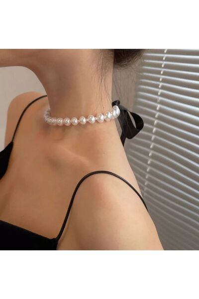 Nishstyle Büyük Incili Siyah Saten Kurdele Bağlamalı Choker Kolye