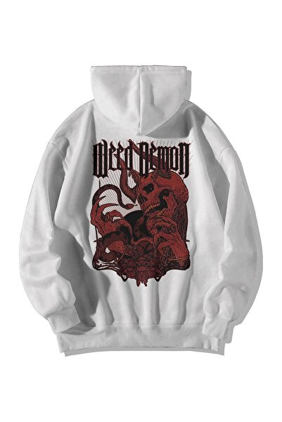 Stadium Beyaz Unisex Oversize Kapüşonlu Kanguru Cepli Weed Demon Baskılı Swea...