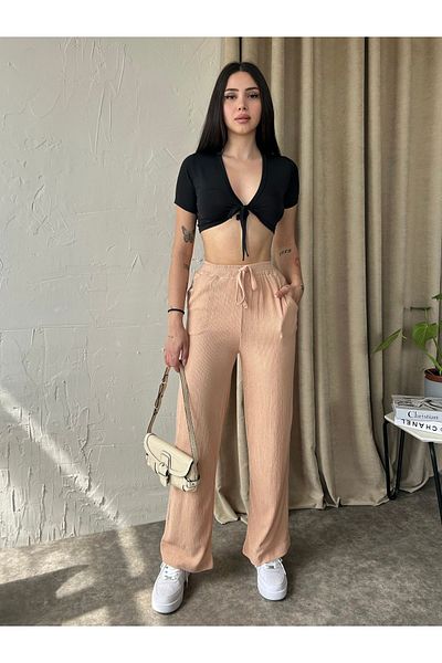 Fav Style Women's High Waist Elastic Double Pocket Loose Leg Wrinkled Pants Camel