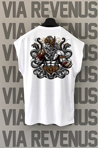 Vordevia Tricou sport alb Zeus Fighter - imprimat pe spate, mâneci zero