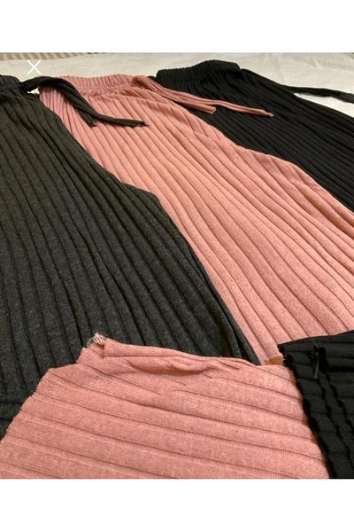 ipek collection Pantaloni și pantaloni de trening pentru femei, cu nervuri afumate, cu trandafir negru, 3 piese, îmbrăcăminte ocazională pentru acasă