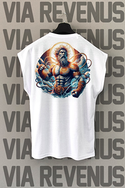 Vordevia Tricou sport alb Zeus Fighter - imprimat pe spate, mâneci zero