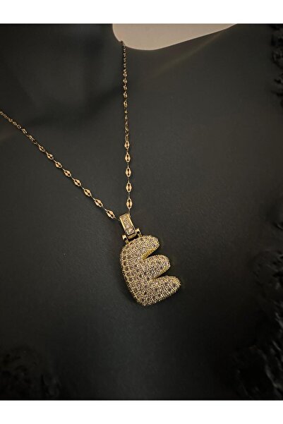 NUNU365COM Çelik Gold Zirkon Taşlı Balon Harf Kolye
