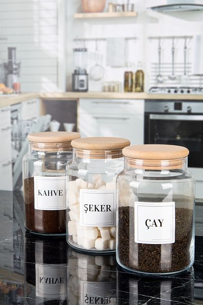 Lizzy 1000 ML Cap - 3-Piece Wooden Vacuum and Lid Tea Sugar Coffee Salt Jar Glass