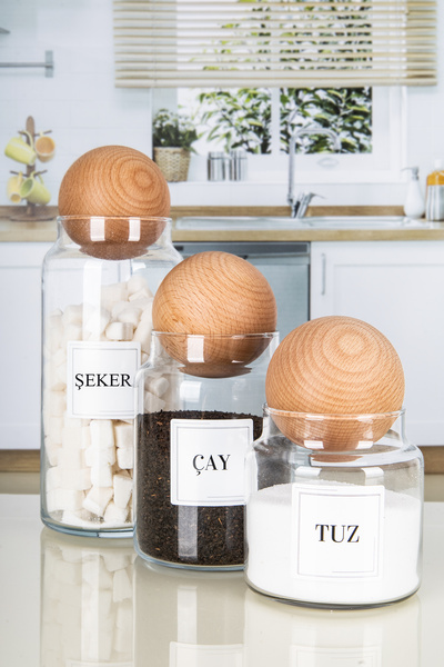 Lizzy 3'lü Ahşap TOP Kapaklı Çay Şeker Kahve Tuz Kavanozu Cam 3 BOY