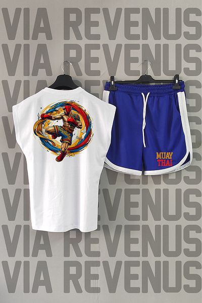 Vordevia Muay Thai Patterned White Crew Neck Sports T-Shirt and Blue Sports Shorts Set