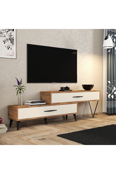 TV Ünitesi Modern TV Sehpası Üçgen Metal Ayaklı Tasarım 180 Cm Çam