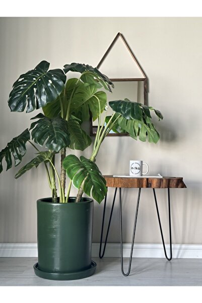 odka 40litre Silindir Saksı Tabaklı Yükseklik:40cm Çap:33cm Koyu Yeşil