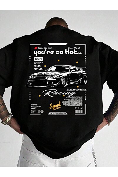 Hunors Sportswear & Company تي شيرت أسود كبير الحجم مطبوع عليه فريق السباق لل...