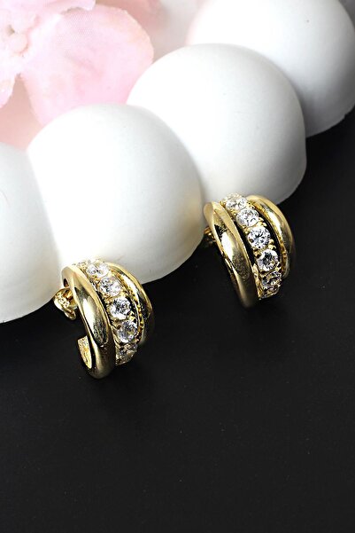 BY BARUN SİLVER Halka Küpe Silver Zirkon Taşlı 925 Ayar Yuvarlak Sarı Gold Renk Gümüş Küpe