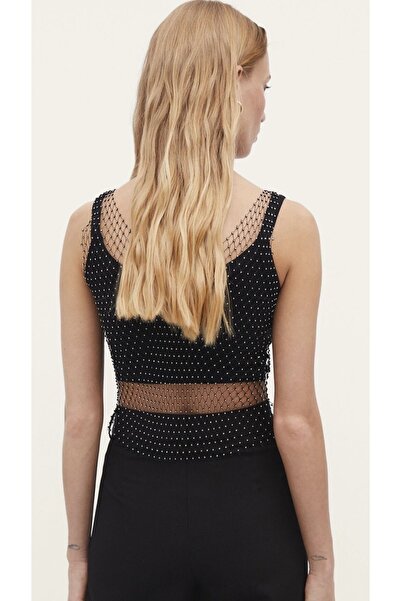 Âlâ Atelier Trend Shiny Crystal Stone Mesh V-Neck Bustier Crop Blouse