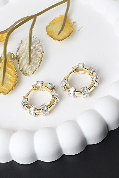 BY BARUN SİLVER Halka Baget Silver Beyaz Zirkon Taşlı 925 Ayar Gold Sarı Renk Gümüş Küpe