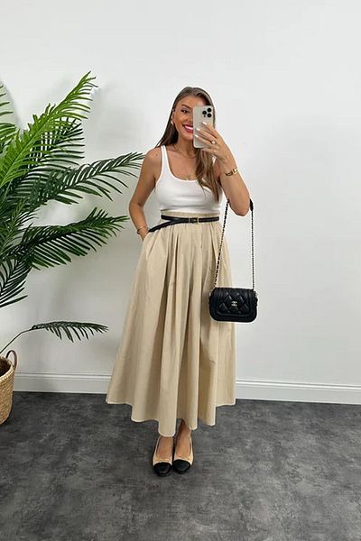db didem butik Casual Maxi Skirt with Aerobin Fabric and Pocket Detail, Thick Rubber Waist