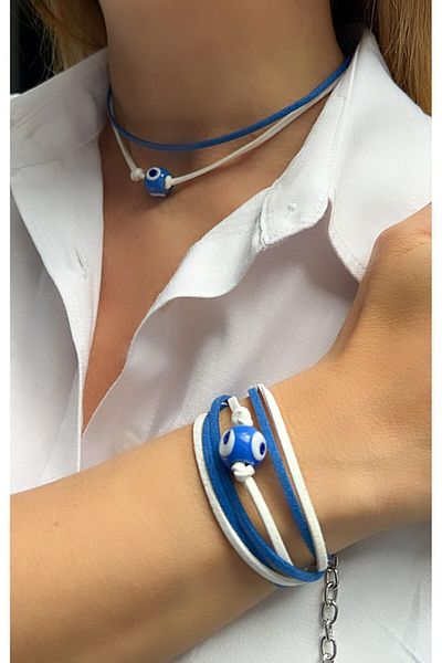 Kutcha Accessories Bodrum Bead - Suede and Evil Eye Necklace Bracelet Set