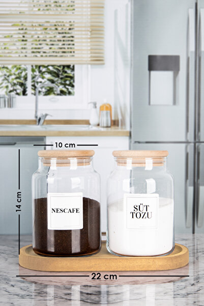 Lizzy 2'lİ Ahşap VAKUMLU Kapaklı AHŞAP ALTLIKLI NESCAFE SÜT TOZU Kavanozu Cam...