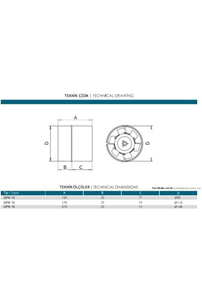 Güçtay Gpk15 150lik Kanal Tipi Banyo Tuvalet Havalandırma Fanı 300m3 Gpk15