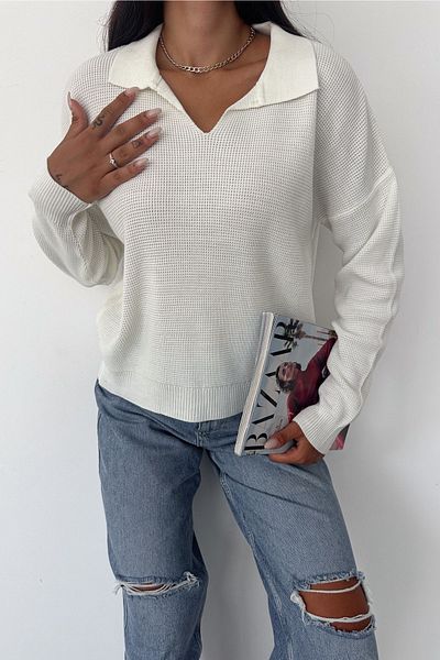 FURKAN EXCLUSIVE Women's White Polo Neck Cotton Basic Knitwear Blouse