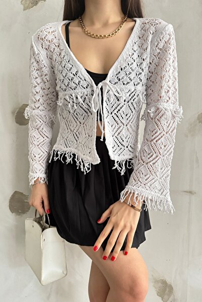 Cistern İstanbul Women's White Tassel Detailed Seasonal Knitwear Cardigan 2444