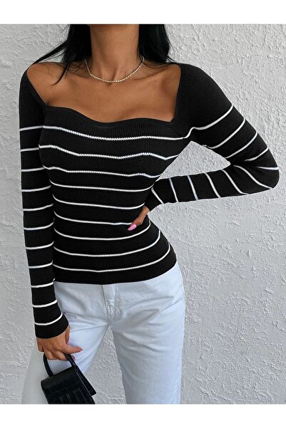 Cistern İstanbul Γυναικείο μαύρο και άσπρο ριγέ πουλόβερ με λαιμό καρδιάς