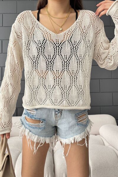 Cistern İstanbul Bluză de damă crem, cu decolteu în V, tricotaj ajurat