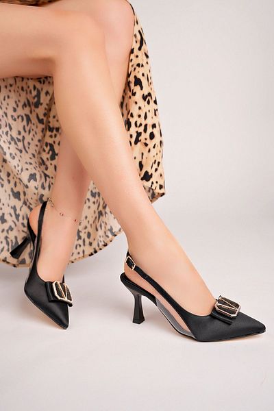 Akgün Terlik Pantofi cu toc elegant din satin negru de damă