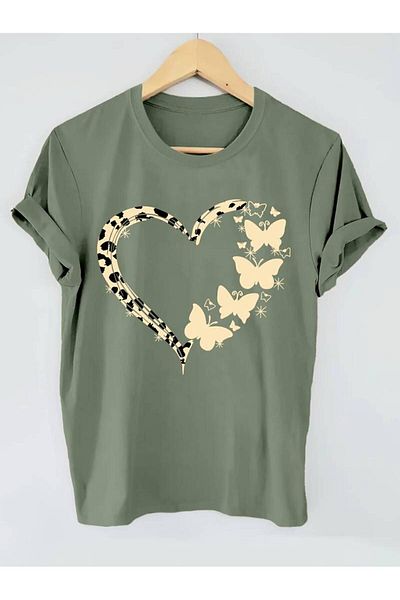 LEIVOR Tricou de damă verde kaki cu imprimeu inimă