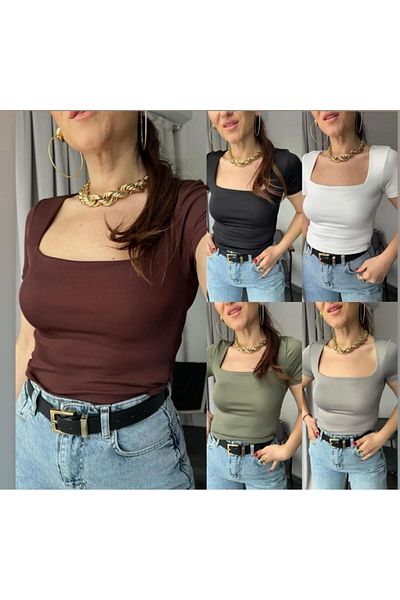 Cistern İstanbul Green Square Neck Women's Blouse - Short Sleeve